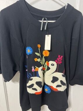 Anthropologie Black Sweatshirt with Colorful Embroidered Swans and Florals